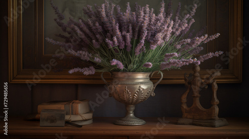 lavishly arranged lavender bouquet placed in an antique vase