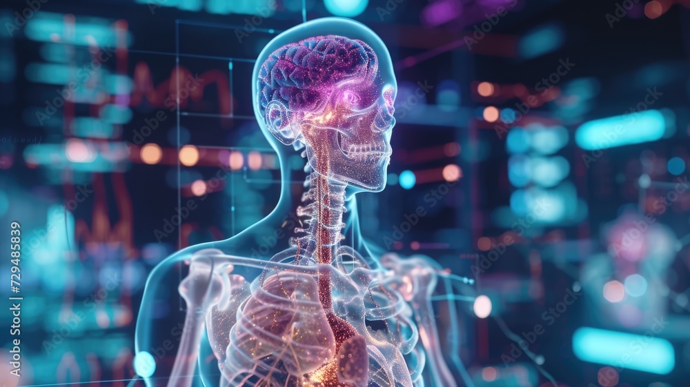 Advanced digital scan of human anatomy with highlighted organs and skeleton Advanced digital scan of human anatomy with highlighted organs and skeleton