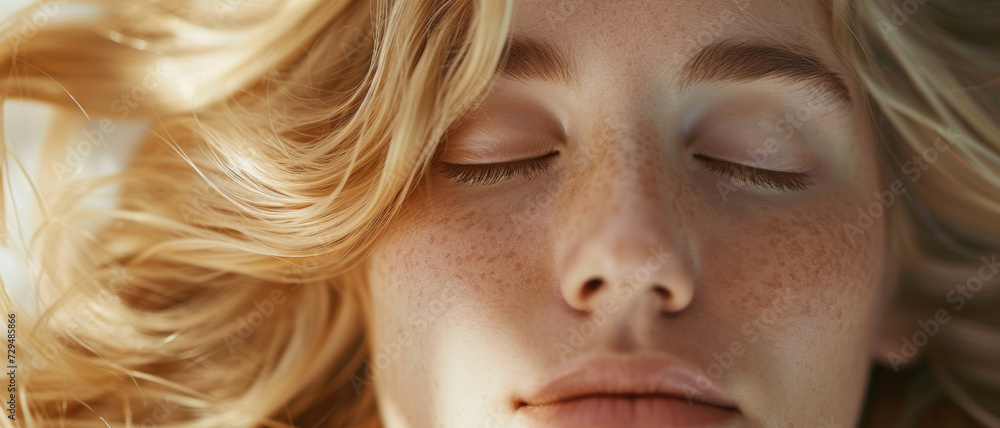 Naklejka premium A tranquil moment as a woman with freckles closes her eyes, basking in the ethereal caress of sunlight