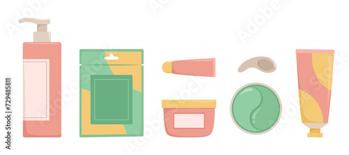 Set of beauty cosmetic products. Face cream, body cream, sheet mask. Skincare routine. Isolated vector illustration