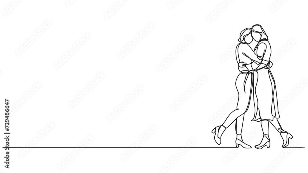 animated continuous single line drawing of two women hugging each other, line art animation animated continuous single line drawing of two women hugging each other, line art animation