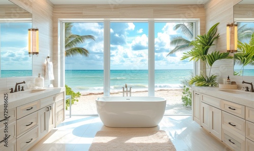 Illustration of modern bathroom with big windows with sea or ocean view  interior created with Generative AI technology.