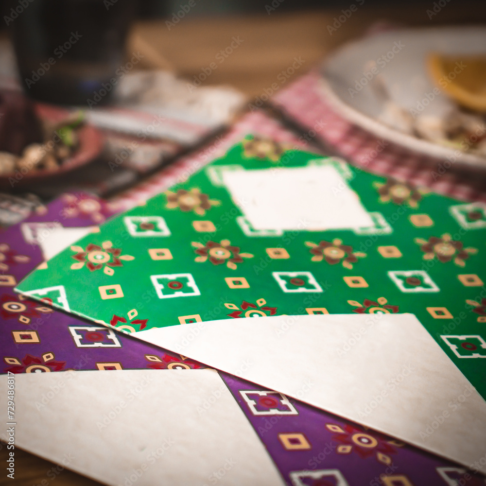 Obraz premium Mock up Label the blank menu frame in Bar restaurant ,Stand for booklets with white sheets paper acrylic tent card on wooden table cafeteria blurred background can inserting the text of the customer.