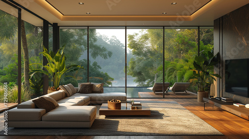 A modern living room with floor-to-ceiling windows, showcasing a breathtaking view of nature blending with the interior. 