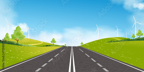 Environmental Background,Spring landscape green field with windmill on mountain,blue sky,cloud with Asphalt highway through countryside,Vector Rural with wind turbines installed as renewable station