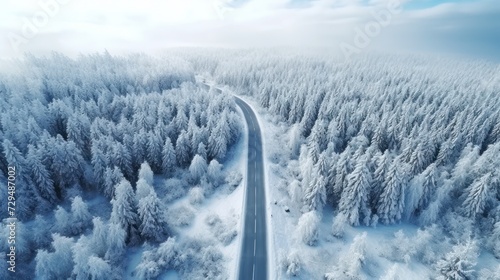 Aerial top view of a beautiful curved road on green forest in the snow season. © inthasone
