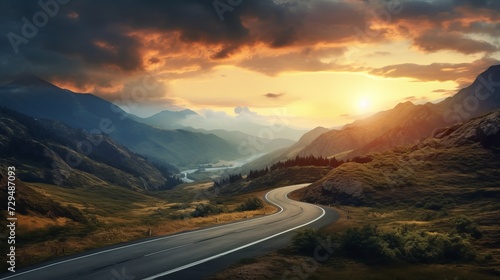 A curvy road winds through the mountains in sunset © Wolfilser