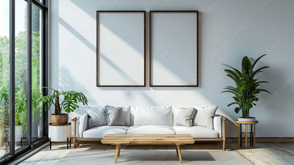 Fototapeta premium an empty picture frame hangs on the coloured wall in a modern room