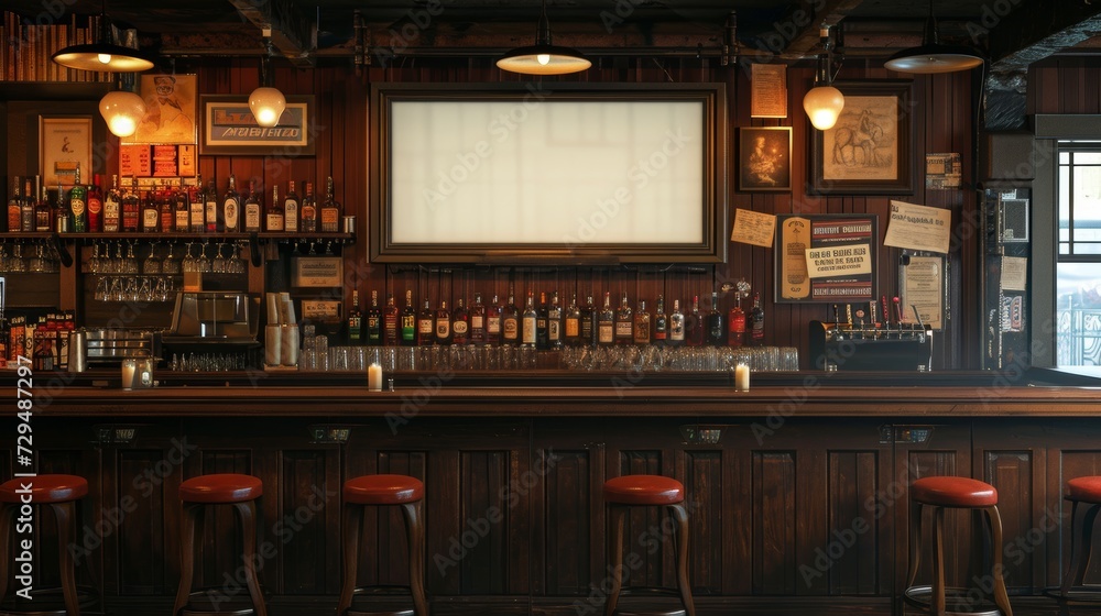 A blank picture frame hanging on the old textured wooden wall in a cosy old english or irish pub