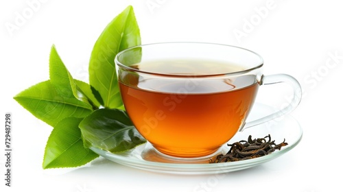 a cup of hot green tea isolated on white background