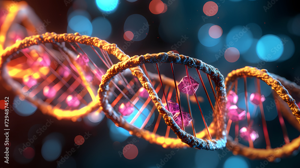 3D rendering genetic diagram of human DNA under microscope 3D rendering genetic diagram of human DNA under microscope