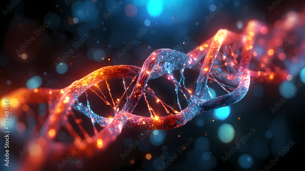 3D rendering genetic diagram of human DNA under microscope