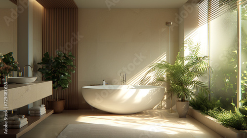 A pristine bathroom with a freestanding tub, surrounded by neutral tones and accented by a subtle hint of greenery. 