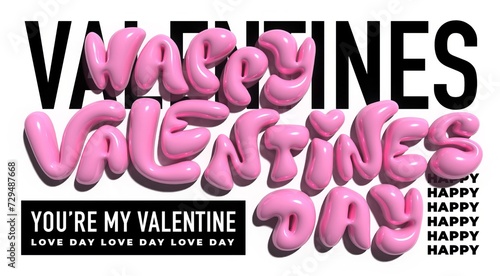 Valentine's day design with pink letters. Realistic 3d bubble text.  Holiday banner, web poster, flyer, stylish brochure, greeting card, cover. Romantic background
