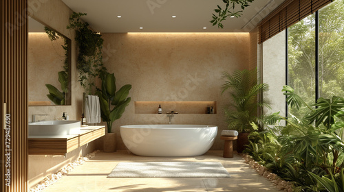 A pristine bathroom with a freestanding tub  surrounded by neutral tones and accented by a subtle hint of greenery. 