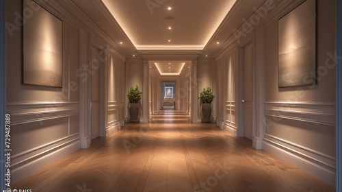 A pristine hallway with polished hardwood floors, a single piece of wall art, and recessed lighting creating a sense of understated luxury.  photo