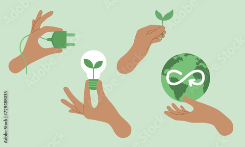 Ecological zero waste lifestyle and sustainability elements set. Cartoon hands holding Earth globe, plant, power saving lamp. Isolated vector illustration 