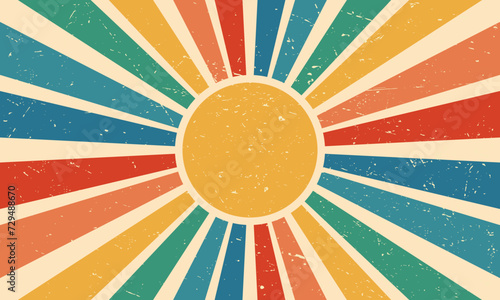 Retro colorful sun with rays on vintage background. Groovy banner, poster or postcard. Vector illustration.