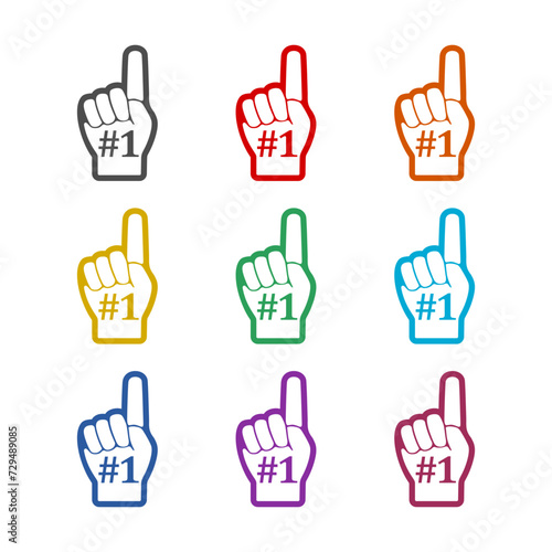 Fan foam fingers. Color sports glove with number one  icon isolated on white background. Set icons colorful