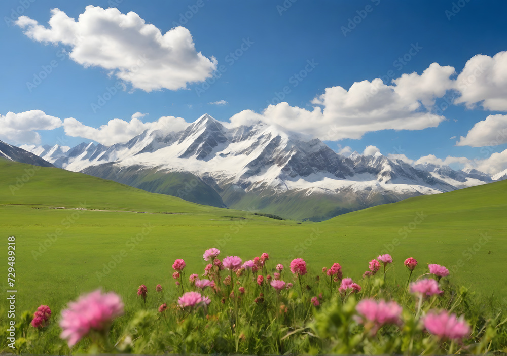 Idyllic landscape in the fresh green meadows and blooming flowers and snow-capped mountain tops in the background