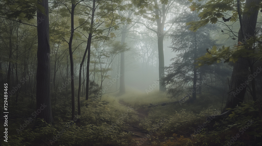 A beautiful background of a mystical forest shrouded in mist, ai generative
