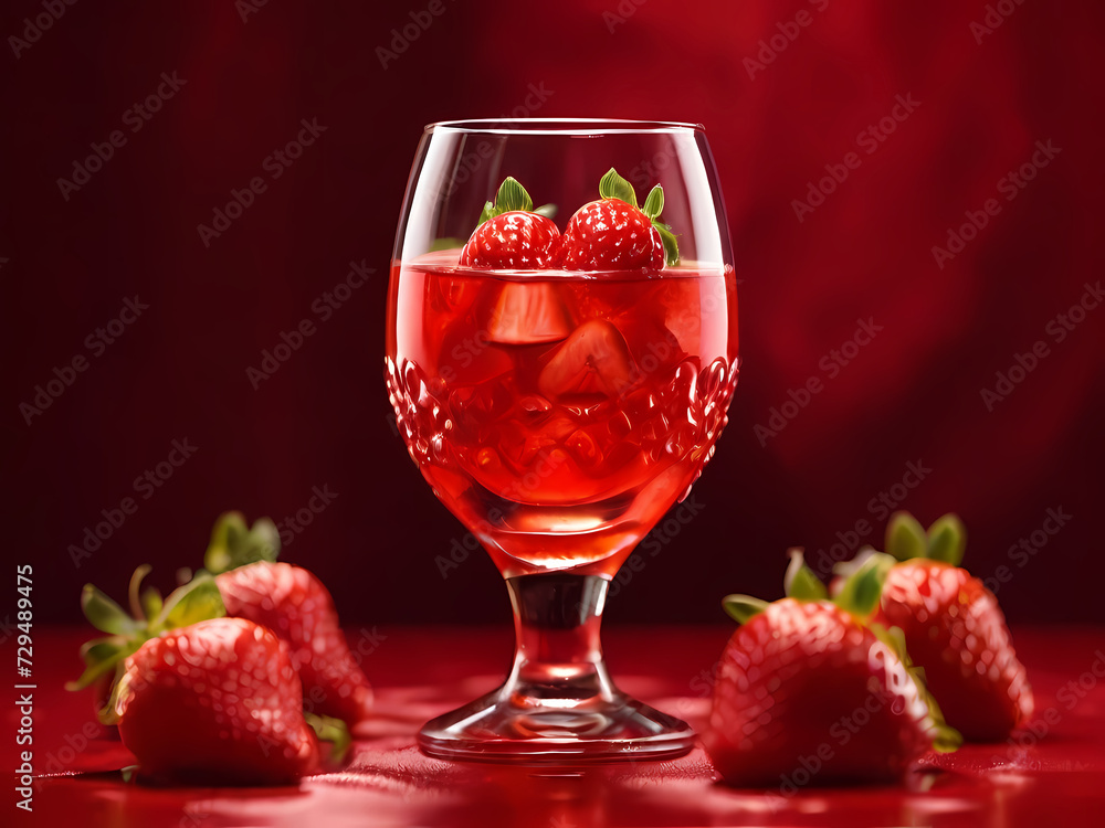 A Glass of Strawberry Juice Beckons Against a Vibrant Red Background. A Glass of Strawberry Juice Beckons Against a Vibrant Red Background.