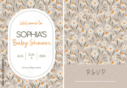 Baby shower card with chamomiles, daisies, wildflowers. Vector printable invitation design for newborn, baby. 