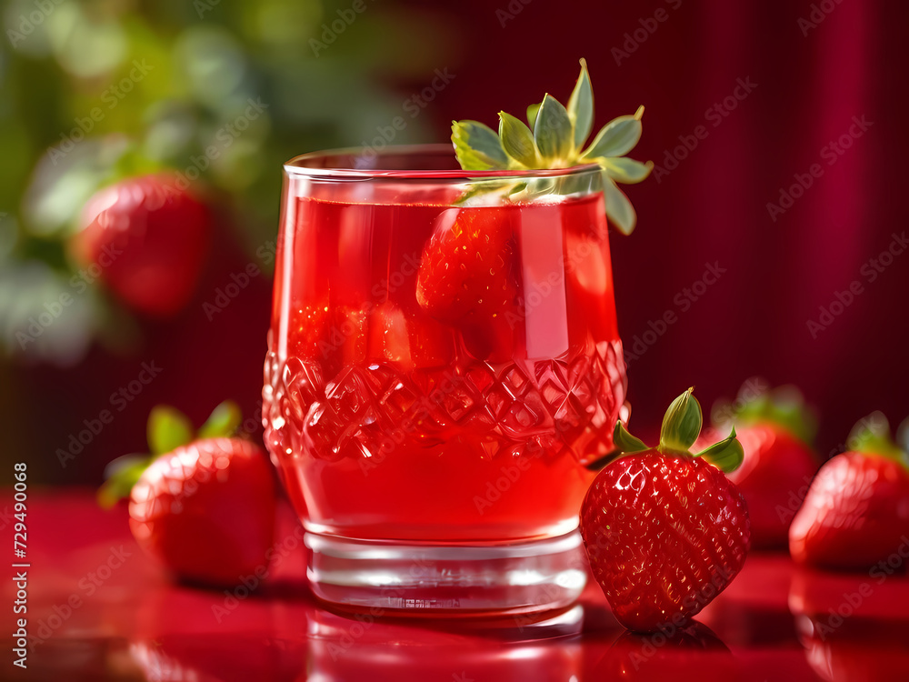 A Glass of Strawberry Juice Beckons Against a Vibrant Red Background. A Glass of Strawberry Juice Beckons Against a Vibrant Red Background.