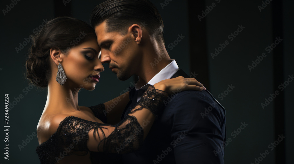 A close-up portrait of two tango dancers in an intimate embrace A close-up portrait of two tango dancers in an intimate embrace
