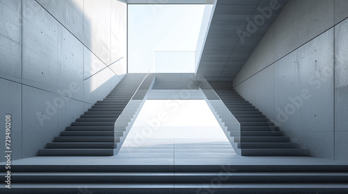 A stairwell with minimalist railings  allowing unobstructed views of the surrounding simple  clean lines. 