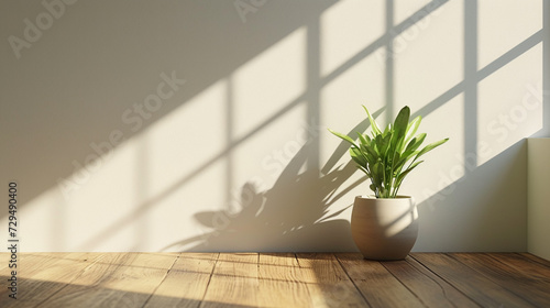 A sunlit room with a single potted plant on a wooden table  casting shadows on a minimalist white wall. 