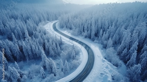 Aerial top view of a beautiful curved road on green forest in the snow season.