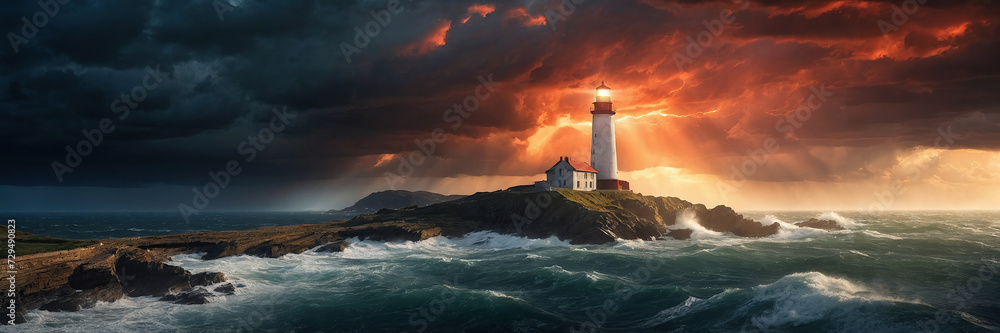 Lighthouse on the seaside, stormy sea with thunderclouds, the lighthouse beam shining far. The lighthouse as a symbol of hope.