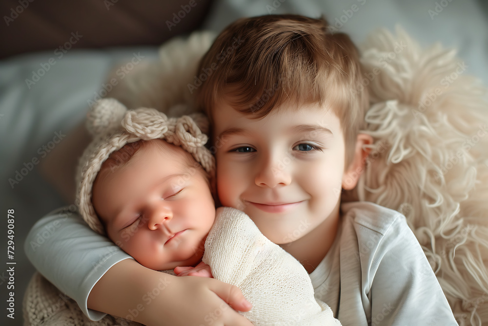 Cute brother hugs little newborn baby sister. Cute brother hugs little newborn baby sister.