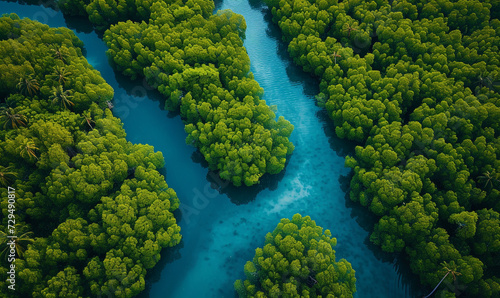 aerial view of mangrove forest. top capture bird eye drone.