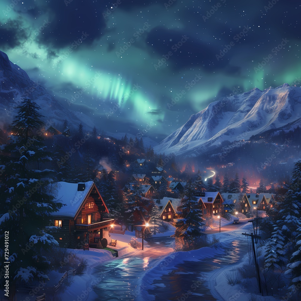 A picturesque winter wonderland glimmers with the soft glow of twinkling lights, nestled among the snowy trees as the aurora dances across the night sky over a quaint mountain town