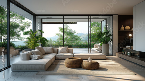 An open-concept living space with a neutral color palette, unobtrusive furniture, and large windows framing a picturesque view. 