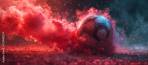 A fiery red football disappears into a cloud of smoke, representing the intensity and passion of the sport photo
