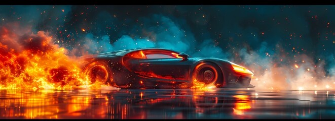 Gardinen Kinderzimmer A blazing inferno consumes a sleek sports car, its once powerful wheels now reduced to smoldering ruins in the dark of the night, symbolizing the intense and destructive nature of both automotive des  © Vladan