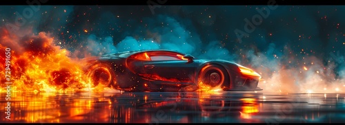 A blazing inferno consumes a sleek sports car, its once powerful wheels now reduced to smoldering ruins in the dark of the night, symbolizing the intense and destructive nature of both automotive des photo