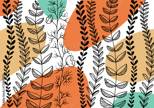 Vines leaf motif wallpaper with orange  green and blue backgrounds