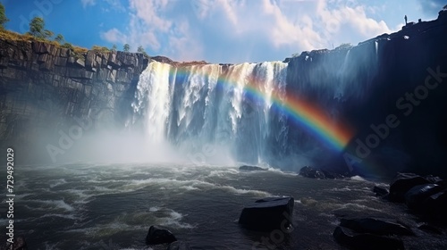 Bright rainbow over the waterfall photo