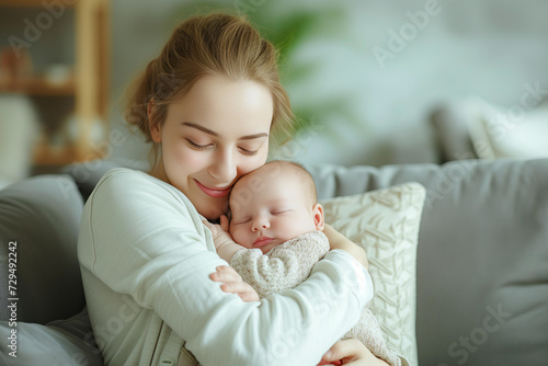 Loving mom carying of her newborn baby at home on the sofa