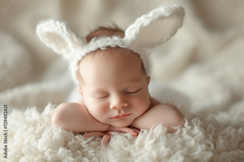 Newborn baby in bunny ears headband on background. Newborn baby in bunny ears headband on background.