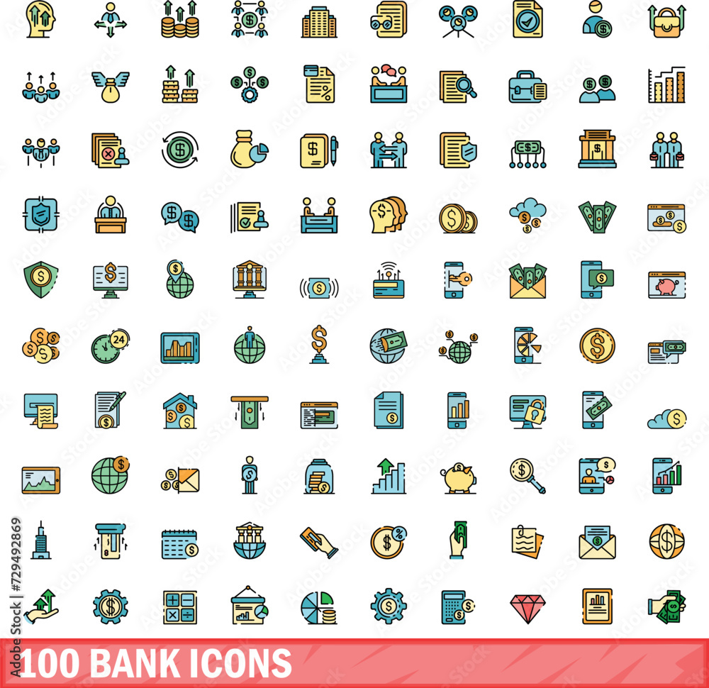 100 bank icons set. Color line set of bank vector icons thin line color flat on white 100 bank icons set. Color line set of bank vector icons thin line color flat on white
