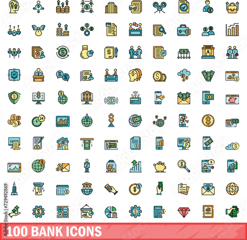 100 bank icons set. Color line set of bank vector icons thin line color flat on white