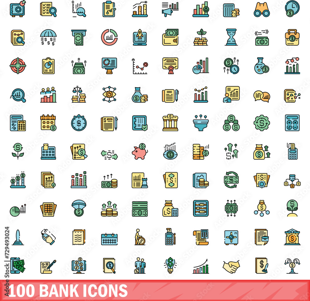 100 bank icons set. Color line set of bank vector icons thin line color flat on white 100 bank icons set. Color line set of bank vector icons thin line color flat on white