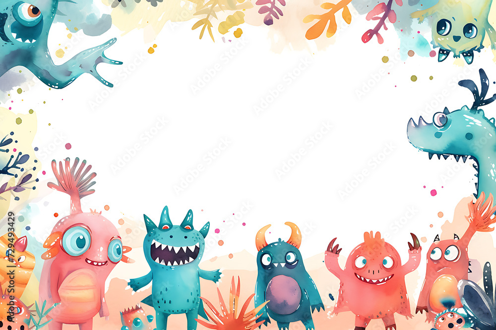 Cute cartoon monsters frame border on background in watercolor style. Cute cartoon monsters frame border on background in watercolor style.
