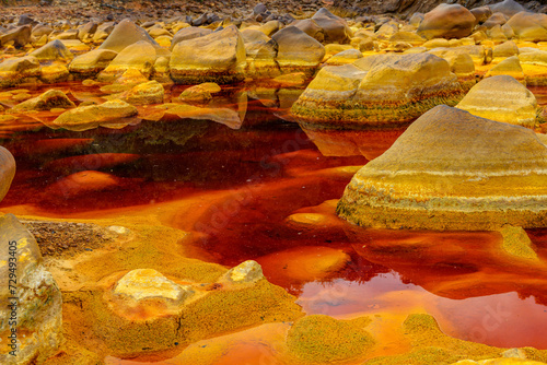 Iron-Coated Stones in the Reddish Waters of Rio Tinto