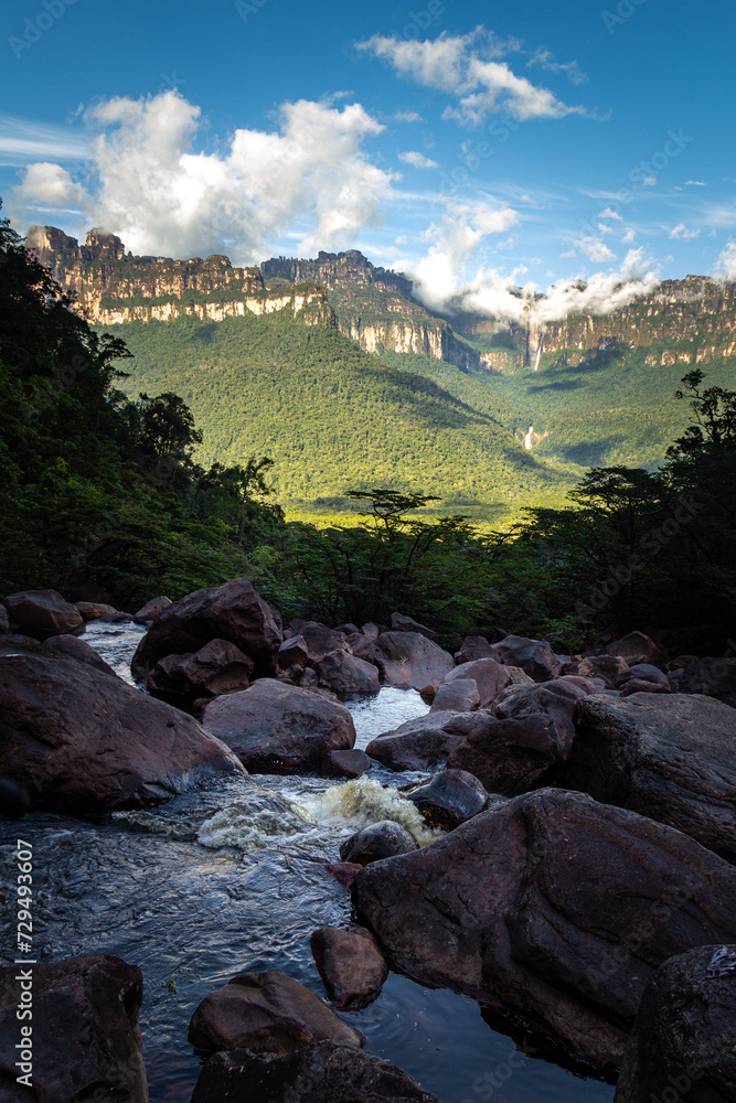 View of Churun river in front of the Angel Falls in Auyantepuy, Canaima National Park, Venezuela